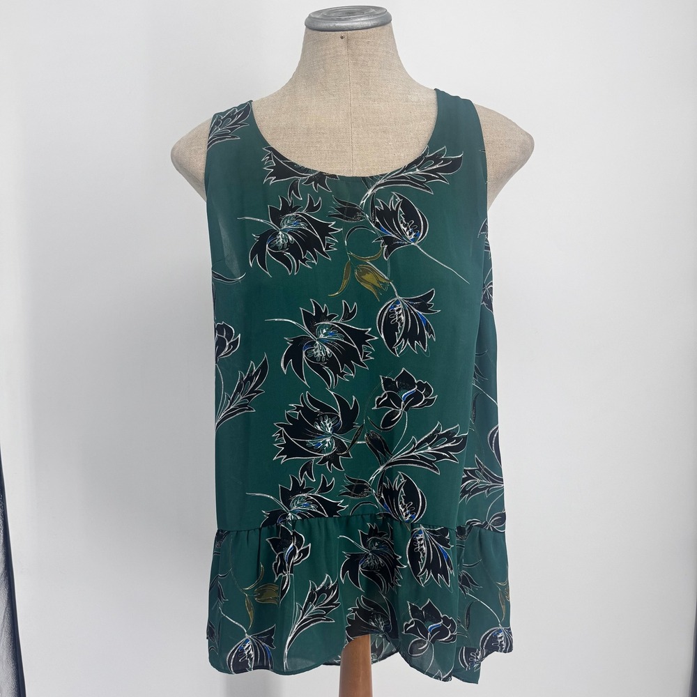 Cabi Floral Peplum Blouse Women Medium Green Racerback Sleeveless Top 3276